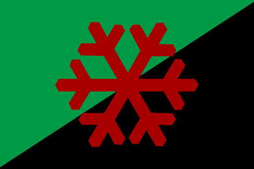Green-and-black background with a blood red snowflake in the middle.
