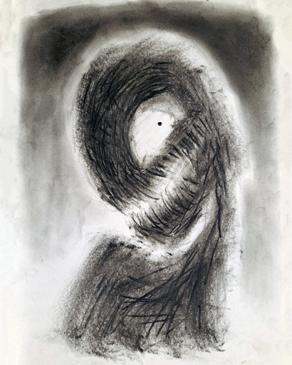 Charcoal portrait of a tinder sprite flirting with the viewer.