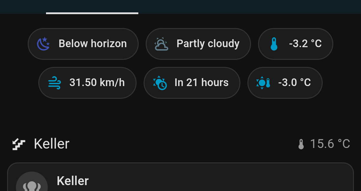 Screenshot from a dashboard, showing some entities like temperature etc