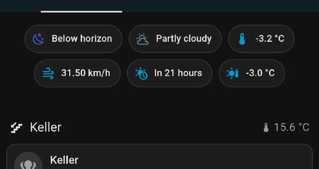 Screenshot from a dashboard, showing some entities like temperature etc