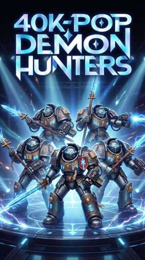 A squad of five Grey Knight Space Marines under a badger reading "40K-Pop Demon Hunters"
