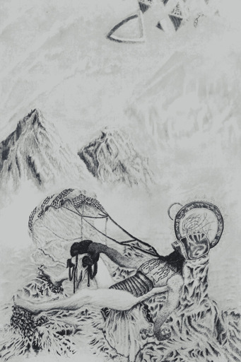 a futuristic astronaut laying on the rocks in front of distant mountains with a parachute attached to him.