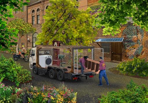 A modified cab-over flatbed truck with a boxed wood frame with chicken-wire walls is stopped outside row houses. Inside the chicken-wire box is furniture and appliences like a washing machine, grandfather clock, etc. Two community members load in a bookshelf. 