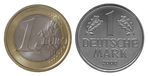 Zwei Münzen. Eine ein Euro Münze und eine eine Deutsche Mark Münze