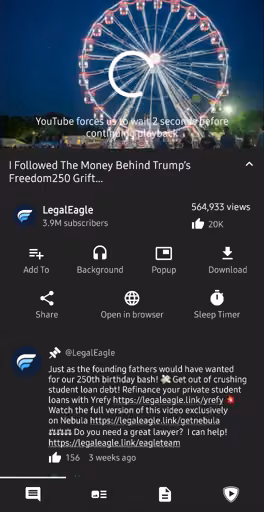 A screenshot of a Legal Eagle YouTube video as shown in the Android app PipePipe, which is failing to continue with playback due to an error message, "YouTube forces us to wait two seconds before continuing playback."