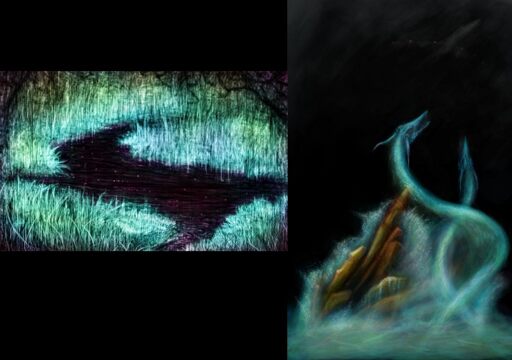 two paintings displayed. One of a rabbit shaped pond in a darkly magical clearing of a forest, and the other being two serpents made of water looking into the sky at a faintly lit airplane soaring above. As they gaze, they crash upon rocks lit by an unkown light source.