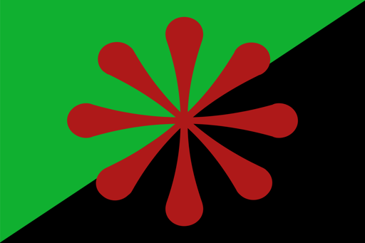 A flag containing a green-and-black background and an 8-sided red asterisk.