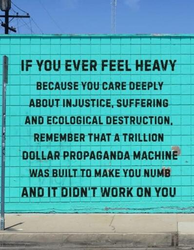  *An image that reads:*   If you ever feel heavy   Because you care deeply   About injustice, suffering   And ecological destruction,   Remember that a trillion   Dollar propaganda machine   Was built to make you numb   And it didn't work on you