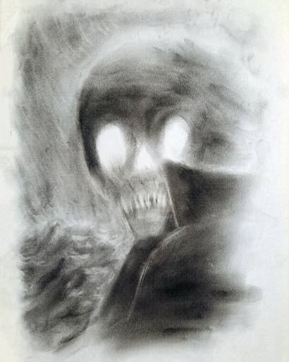 Eerie charcoal portrait of a skeleton captain standing in front of a stormy sea.