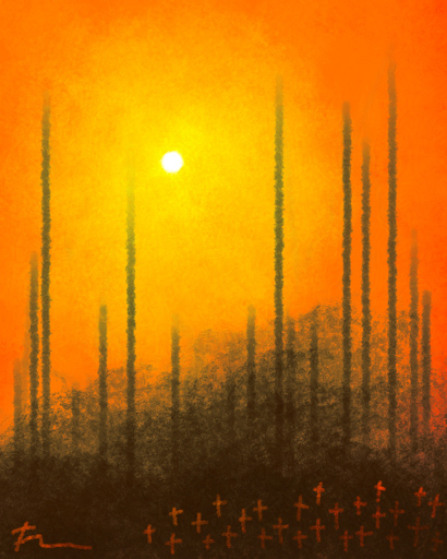 Minimalist digital painting of a wasteland; tall pillars of scorched wood reaching for an unforgiving sun. A small, chaotic graveyard greets the viewer.