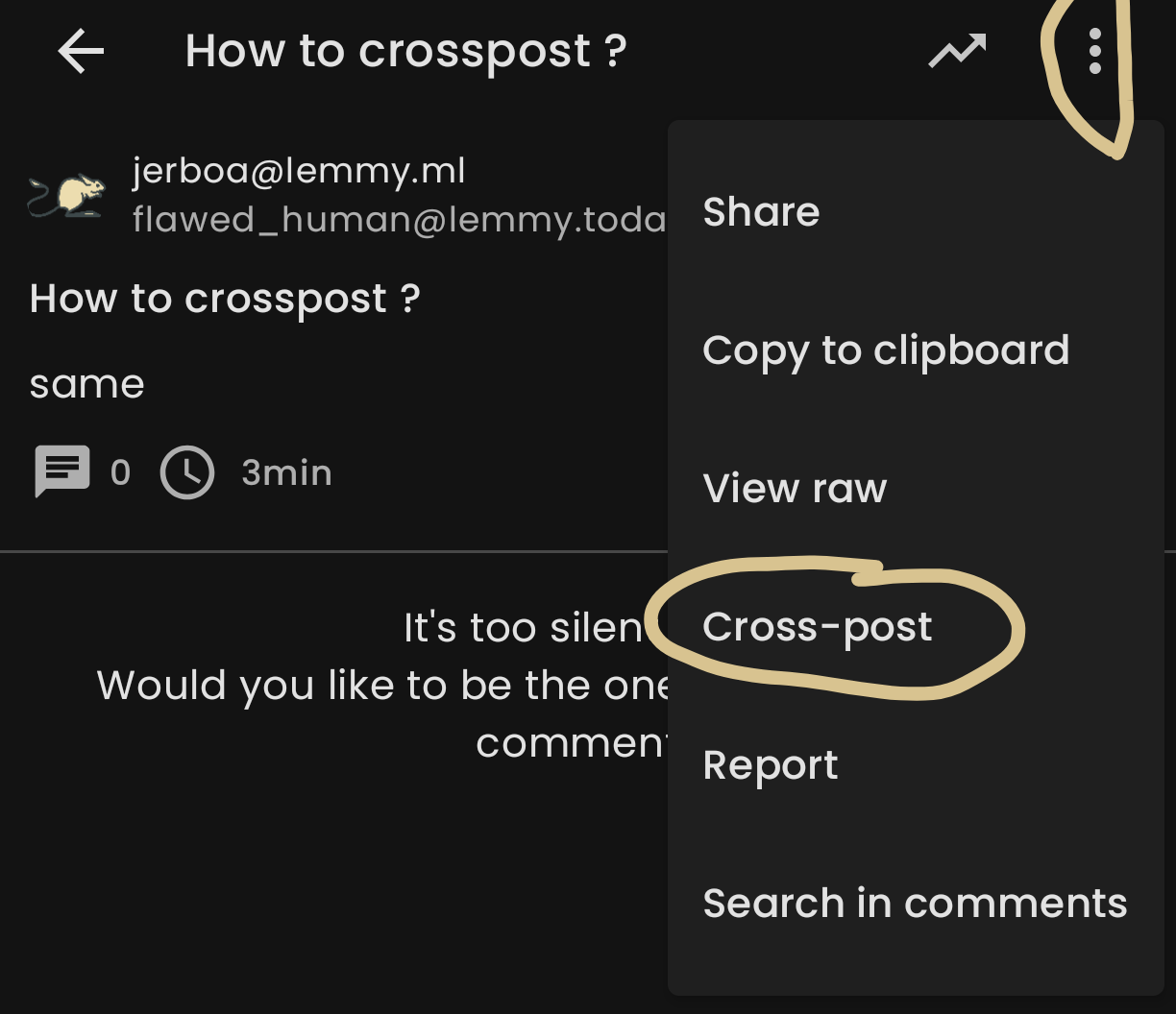 Screenshot from Jerboa showing the crosspost option