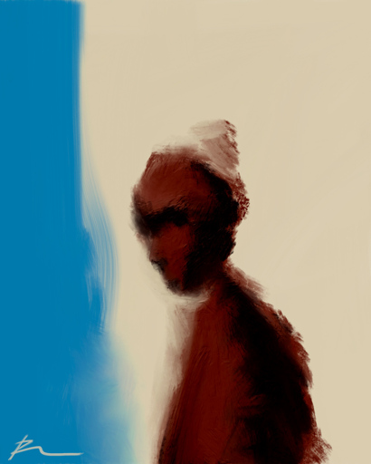 Minimalist digital painting of a dark red figure in heavy brush marks in front of a plain blue and beige background.