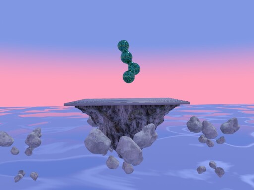 green orbs floating above a checkered floor which is on top of a floating island over a body of water with rocks floating around it. With a bluish and pink sky