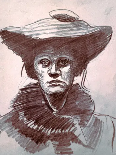 Vintage mugshot of woman wearing a large hat