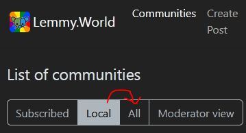 Screenshot of the Lemmy.world list of communities, with "Local" selected and a red arrow pointing at "All"